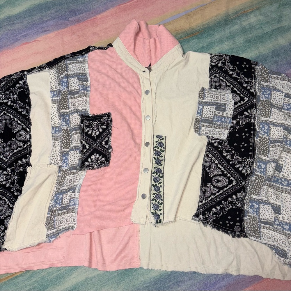 Pol Patchwork Chambray Printed Top Button Down Ov… - image 8